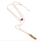 Athena Gemstone Layered Tassel Necklace : Fuchsia Onyx, Labradorite & Pink Chalcedony
