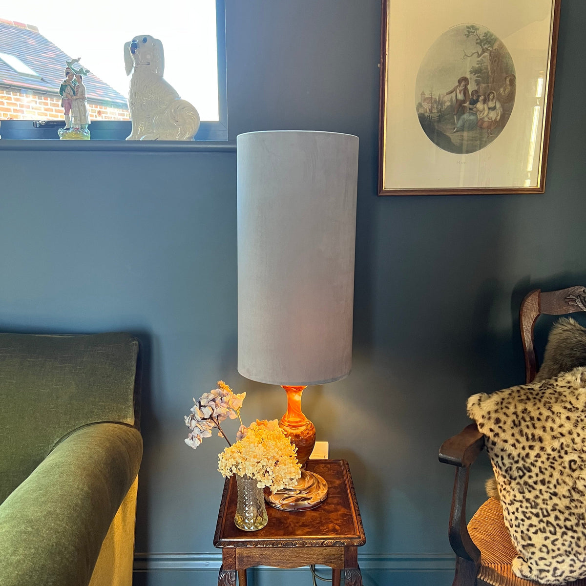 Grey Velvet Cylinder Lampshade | Extra Tall Drum Light Shade | Handmade UK