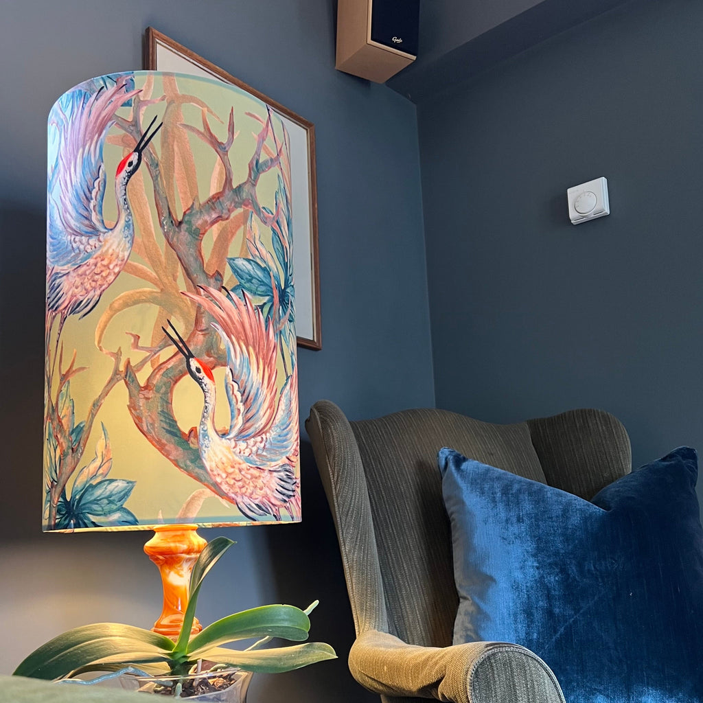Crane Birds Velvet Lampshade | Extra Tall Cylinder Ceiling Light Shade | Bespoke Handmade UK