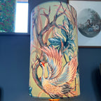 Crane Birds Velvet Lampshade | Extra Tall Cylinder Ceiling Light Shade | Bespoke Handmade UK