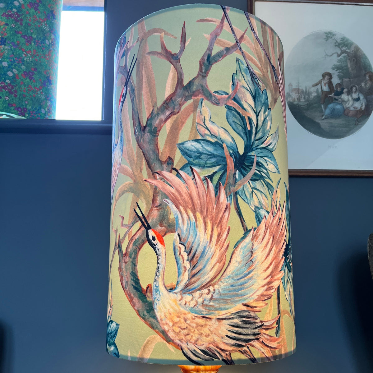 Crane Birds Velvet Lampshade | Extra Tall Cylinder Ceiling Light Shade | Bespoke Handmade UK