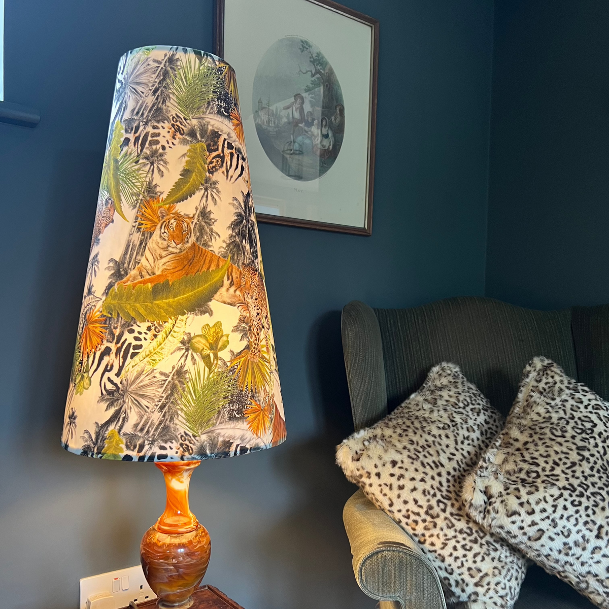 Tiger Cheetah Jungle Velvet Lampshade | Extra Tall Cone Light Shade | Bespoke Handmade UK