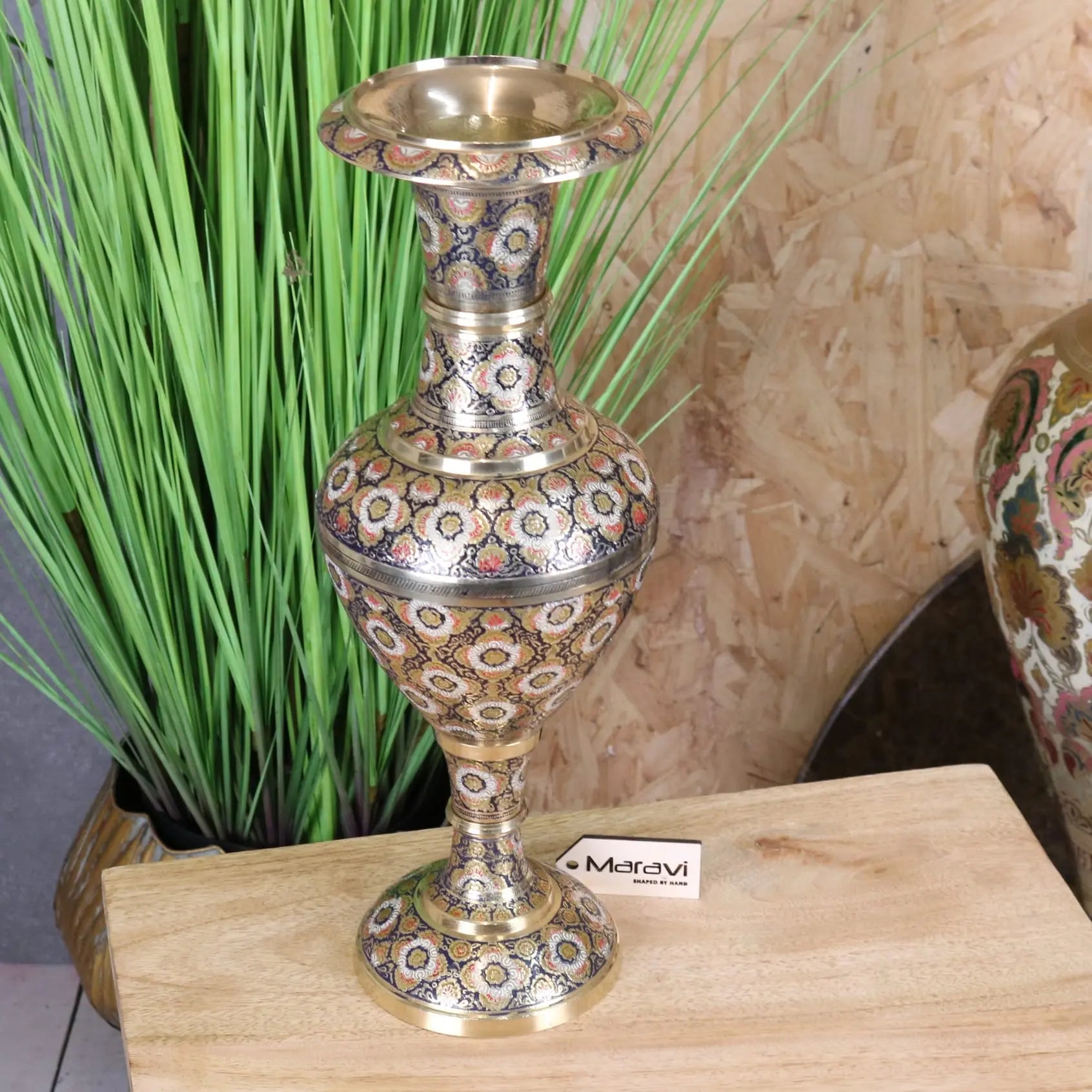 Vintage Brass Vase 42cm Hand Painted and Etched