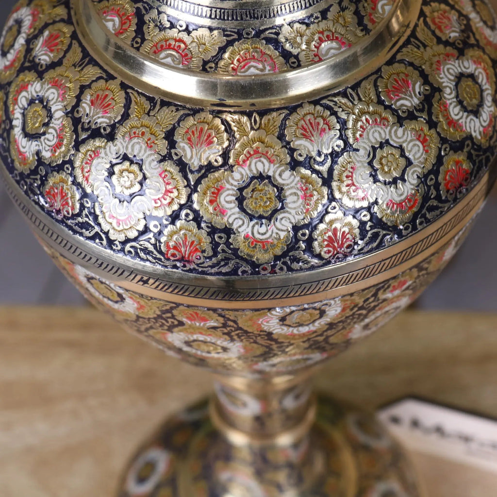 Vintage Brass Vase 42cm Hand Painted and Etched
