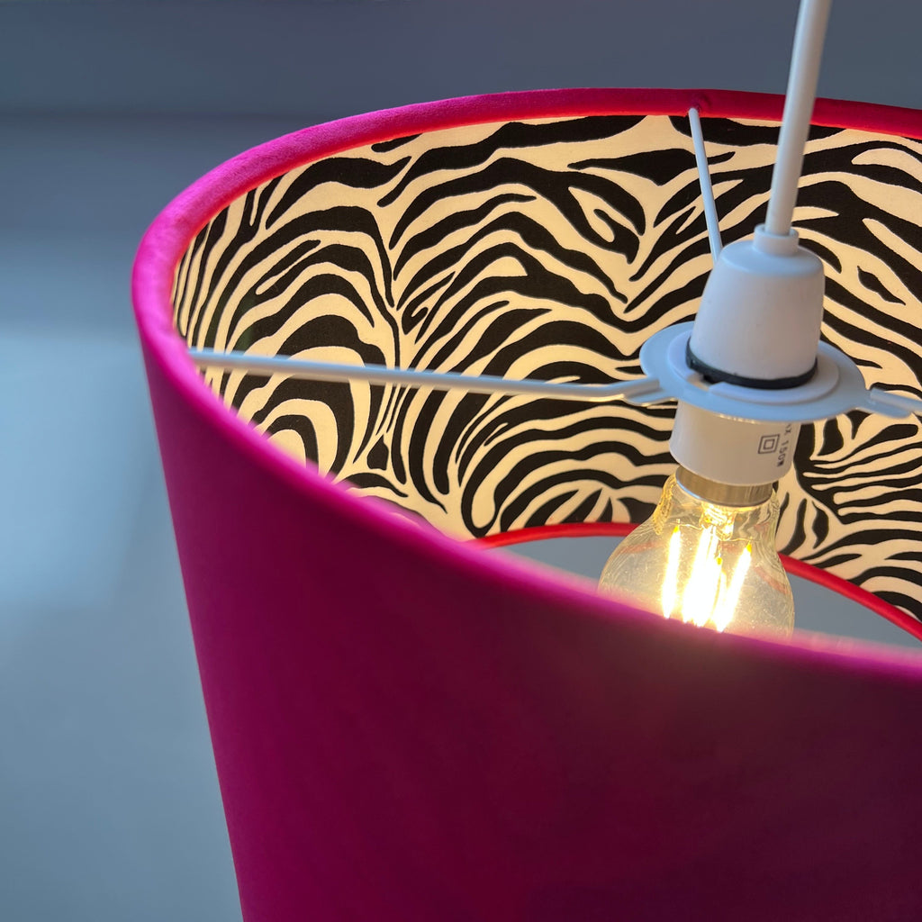 Cerise Pink Velvet & Zebra Cotton Double Sided Drum Lampshade | Handmade Ceiling Light Shade | Bespoke UK