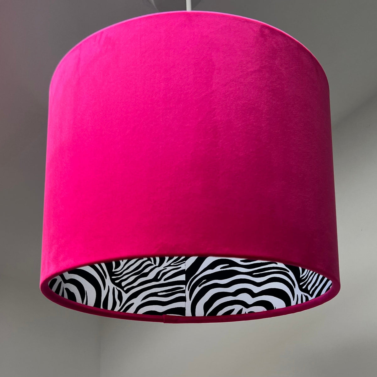 Cerise Pink Velvet & Zebra Cotton Double Sided Drum Lampshade | Handmade Ceiling Light Shade | Bespoke UK