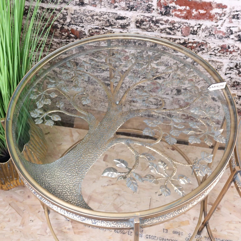 Belagavi Tree Design Set of 2 Round Side Tables Gold