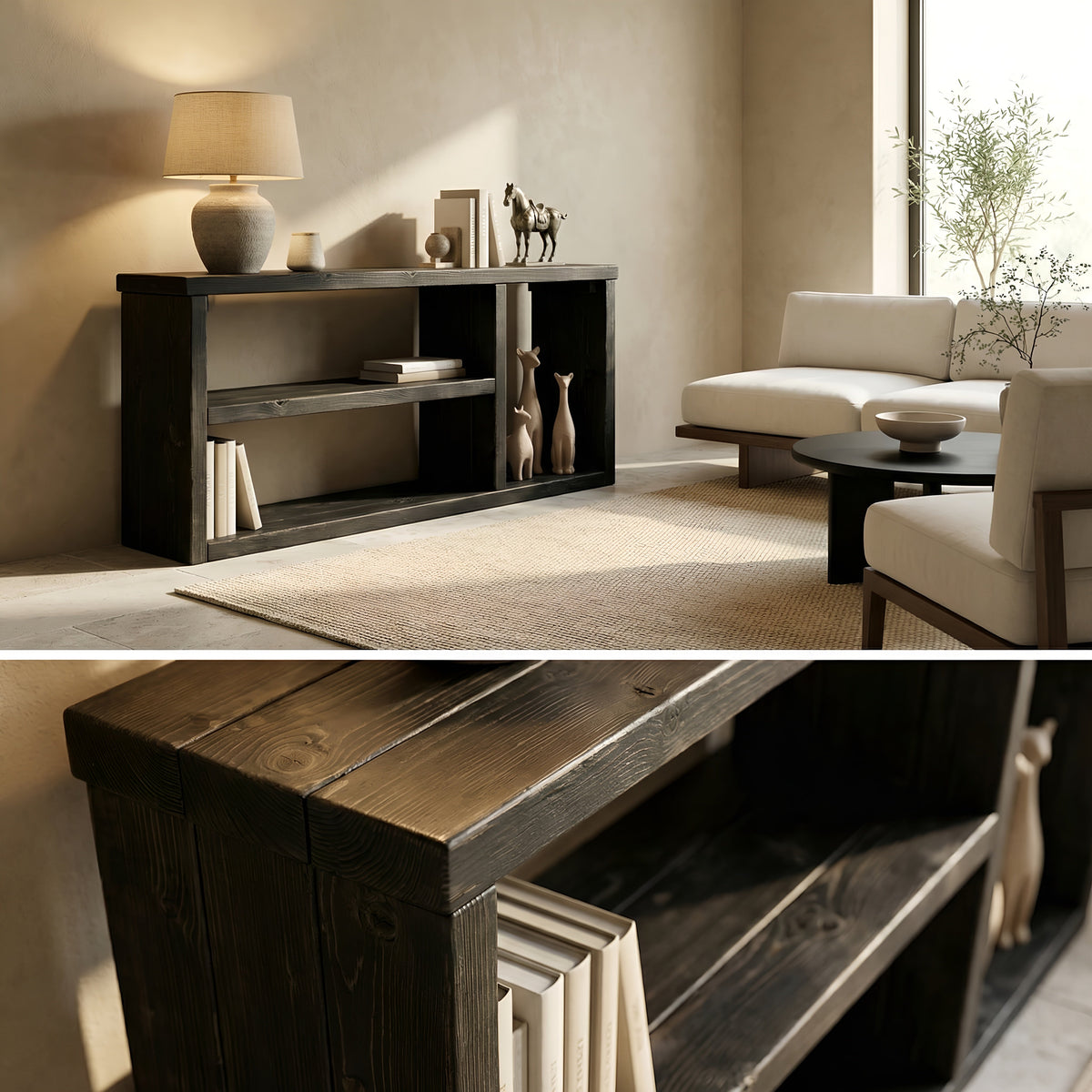 Ivara Black Wooden Bookshelf / Storage Shelf / Living Room Storage / Shoe Storage Rustic Solid Wood Book Shelf