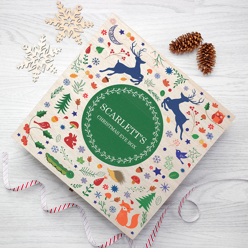 Personalised Festive Woodland Green Christmas Eve Box