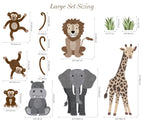 Large Safari Animals and Monkey Wall Decals, Jungle Animal Wall Stickers, Nursery Wall Decals, Repositionable Jungle Wall Decals