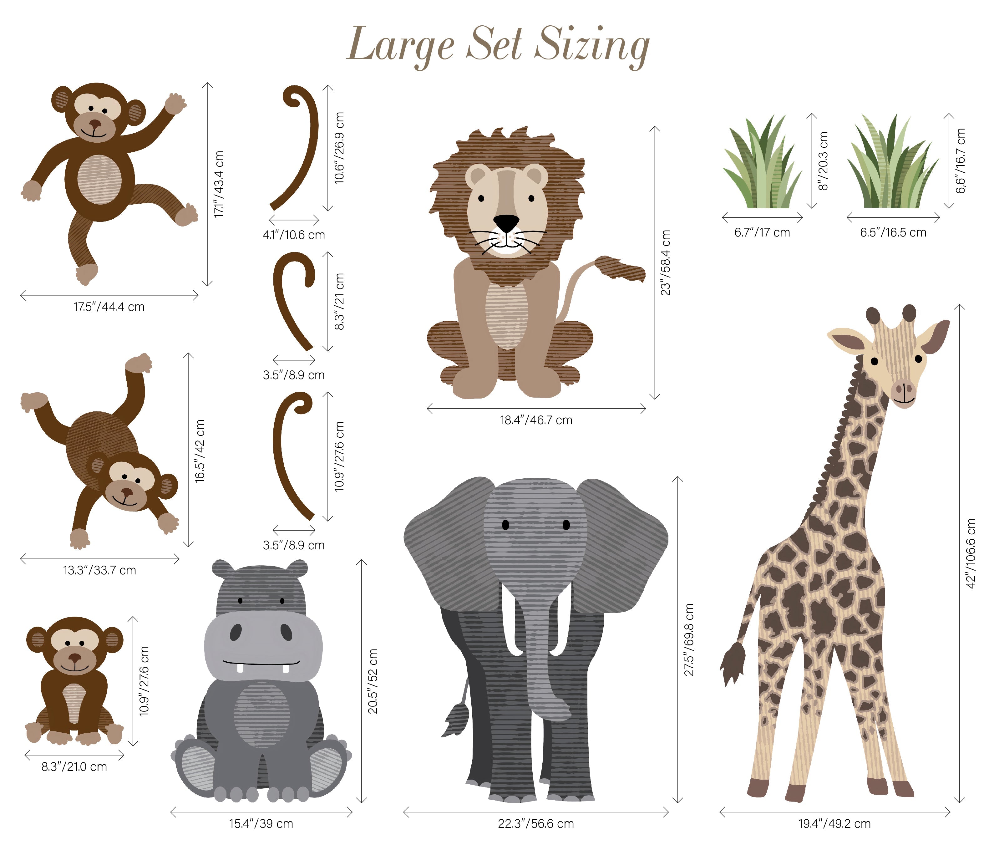 Large Safari Animals and Monkey Wall Decals, Jungle Animal Wall Stickers, Nursery Wall Decals, Repositionable Jungle Wall Decals