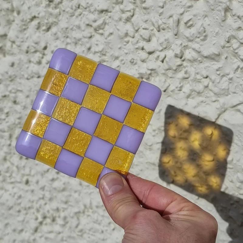 Glass Coasters – Handcrafted Lavender & Amber Checkerboard Design by David Perry Glass & Ceramics (lavender-transparent-amber-coaster-bullseye-collection)