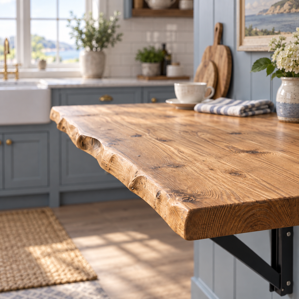 Live / Waney Edge Foldable Wall-Mounted Solid Wood Table – Rustic Wood with Heavy-Duty Black Brackets – Space-Saving Desk for Kitchen, Office, or Small Spaces