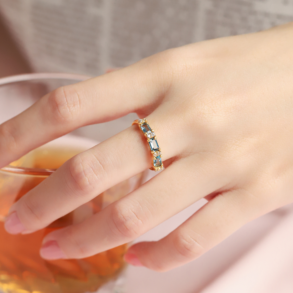 London Blue Topaz Emerald Cut Eternity Ring in 18k Gold Vermeil