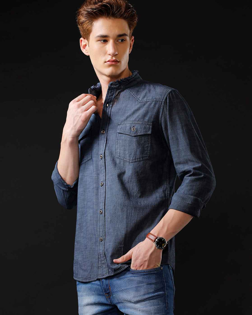 Men's Slim Fit Solid Denim Casual Shirt (MADON)