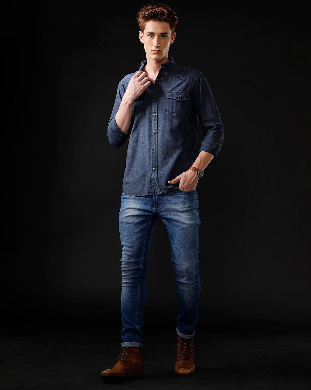 Men's Slim Fit Solid Denim Casual Shirt (MADON)