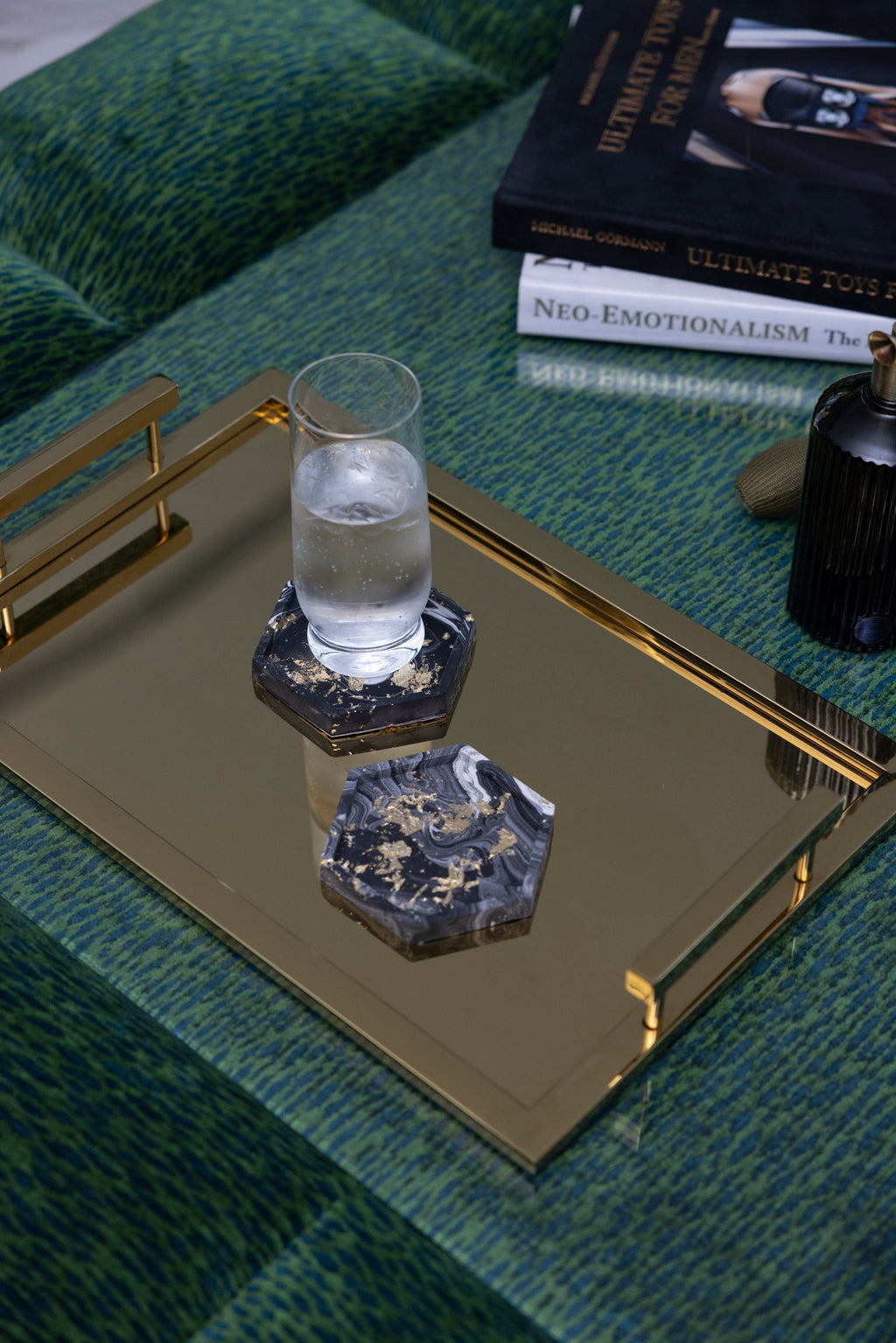 Hexagon Coasters - Black & White Marble (Gold Flakes)