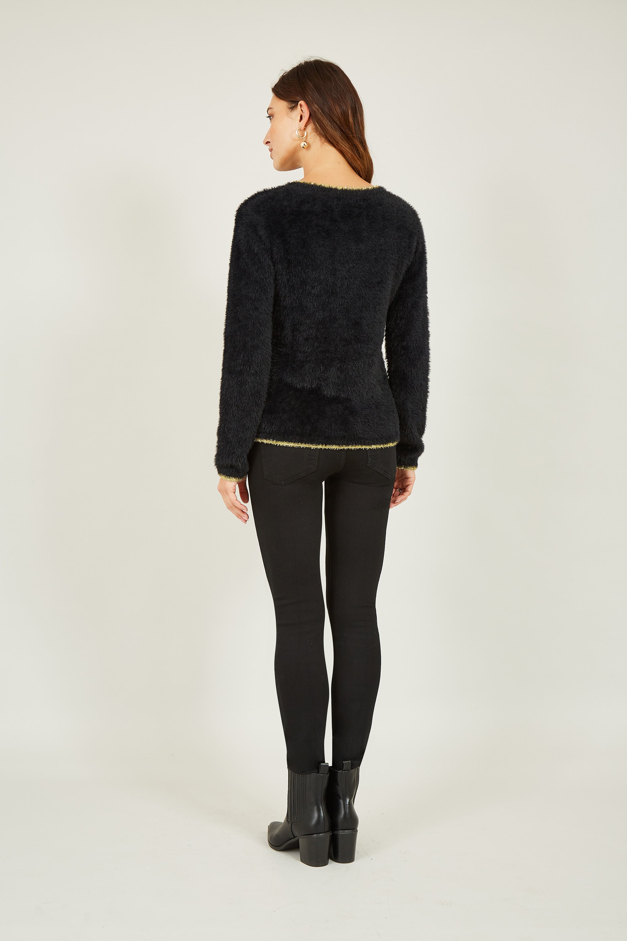 Yumi Black Fluffy Star Christmas Jumper
