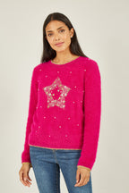 Mela Pink Fluffy Star Christmas Jumper