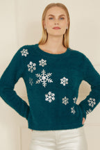 Yumi Teal Sequin Snowflake Fluffy Jumper