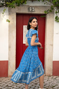 Mela Blue Ditsy Print Sun Dress With Cross Over Back Tie Front And Dip Hem