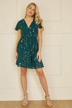 Yumi Green Foil Star Print Wrap Skater Dress