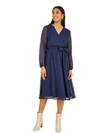 Mela Navy Dobby Spot Long Sleeve Wrap Over Midi Dress