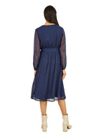 Mela Navy Dobby Spot Long Sleeve Wrap Over Midi Dress