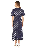 Mela Navy Spot Print Wrap Midi Dress With Frill Detail