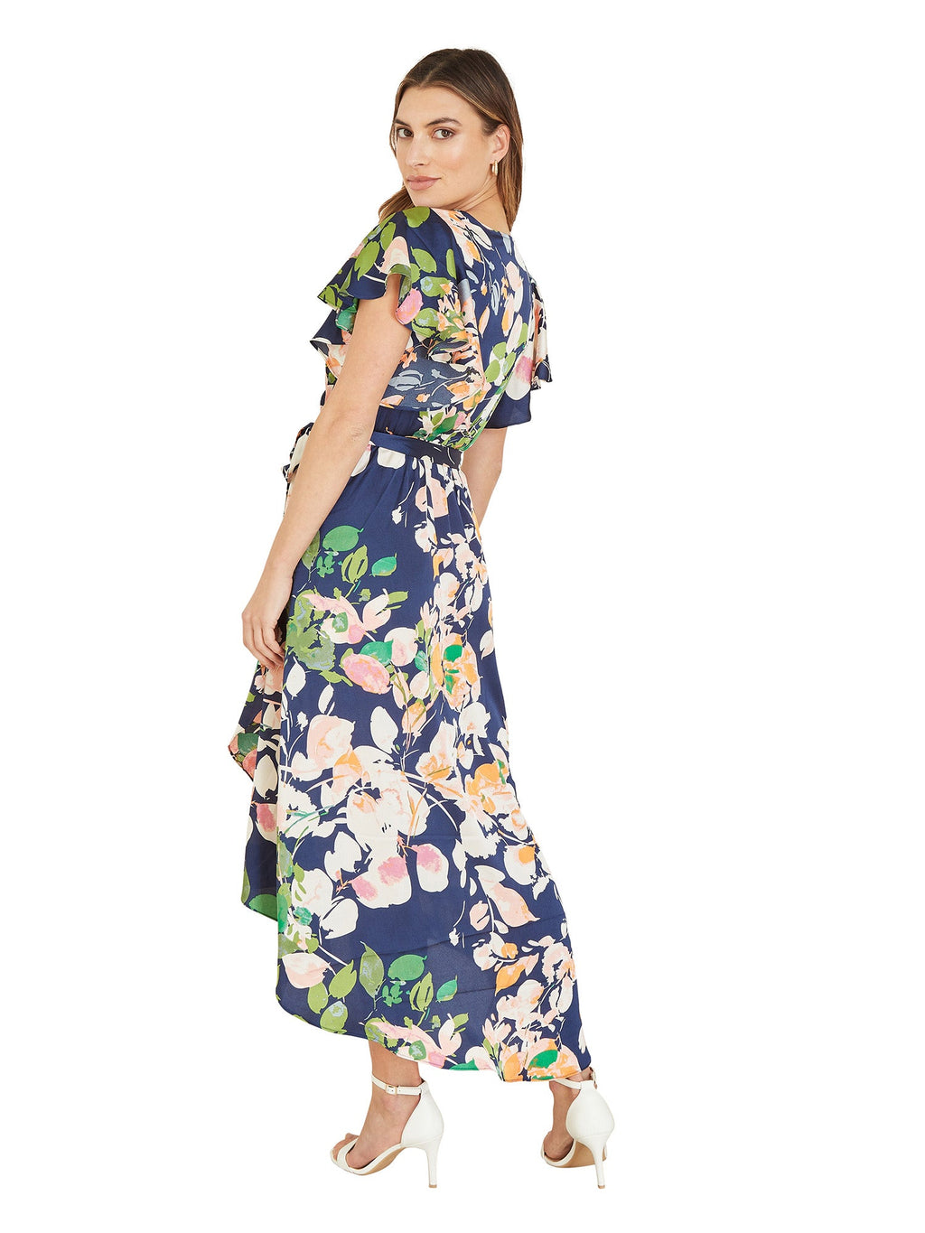 Mela Navy Floral Satin Wrap Over Midi Dress With Frill Sleeve