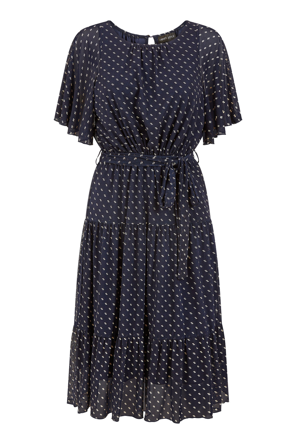 Yumi Navy Dot Print Mesh Stretch Midi Skater Dress