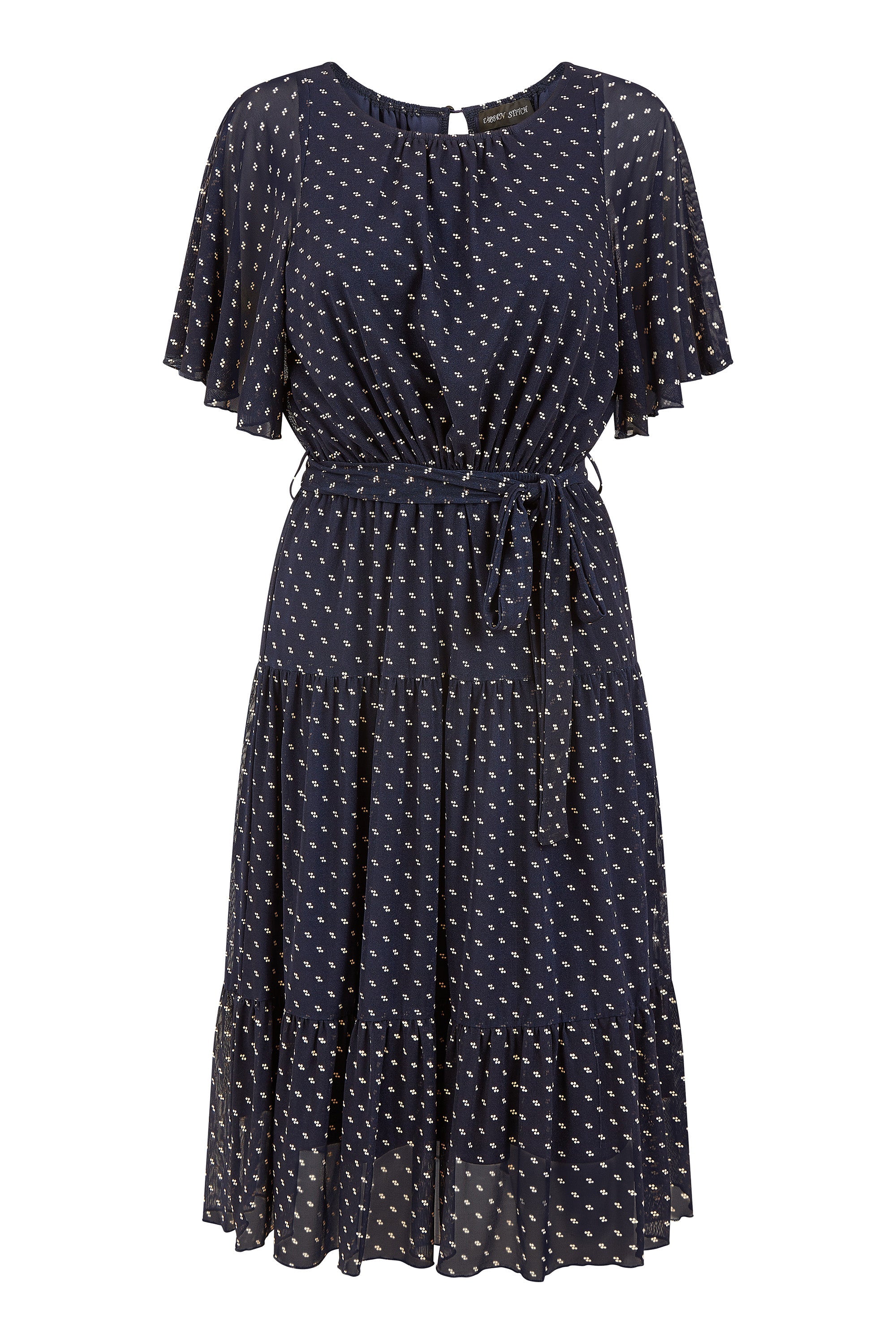 Yumi Navy Dot Print Mesh Stretch Midi Skater Dress