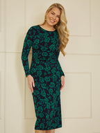 Yumi Green Floral Fitted Mesh Midi Dress With Long Sleeves