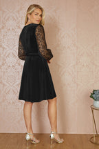 Yumi Black Velvet Skater Dress With Lace Sleeves