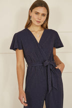 Yumi Navy Sparkle Stretch Wrap Over Jumpsuit