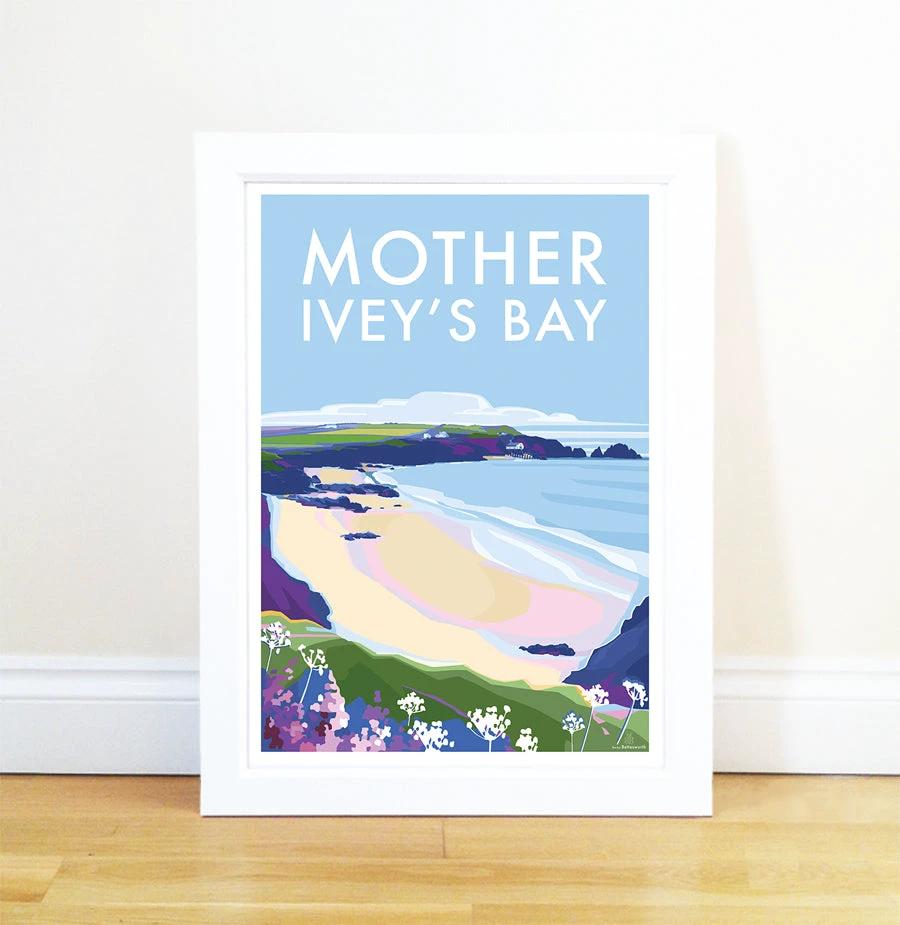 Cornwall Coastal Poster – Mother Ivey's Bay Vintage Travel Art by BeckyBettesworth (mother-iveys-bay)
