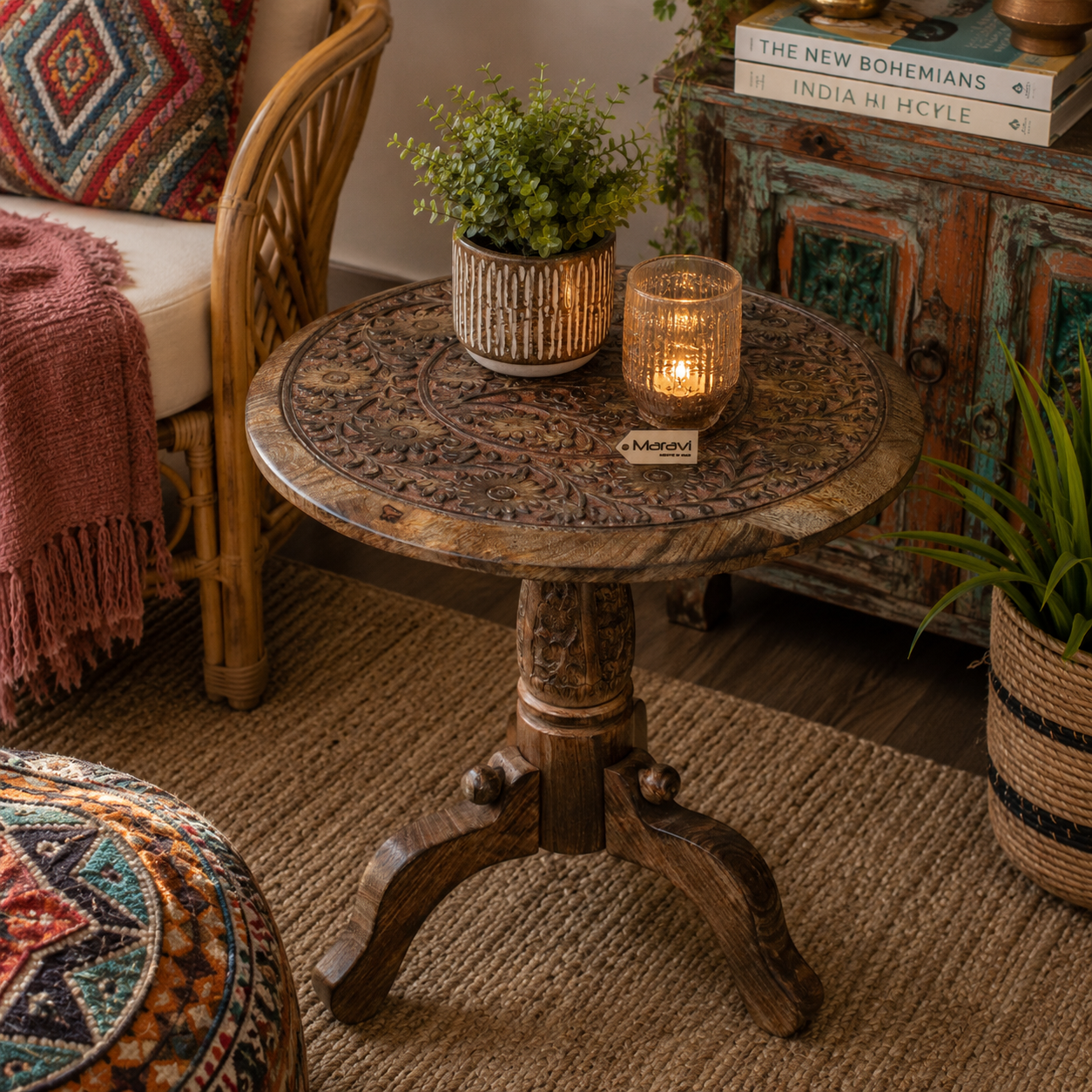 Manka Round Wooden Pedestal Side Table