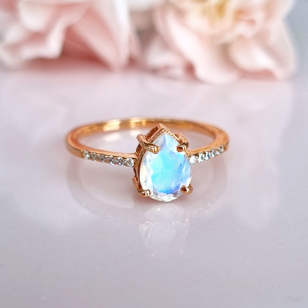 Rainbow Moonstone Ring in Rose Gold Vermeil