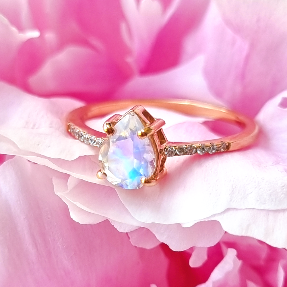 Rainbow Moonstone Ring in Rose Gold Vermeil