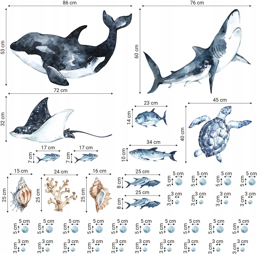 Ocean Predators Decal Set - Orca, Great White Shark, Stingray + More - Watercolour effect stickers