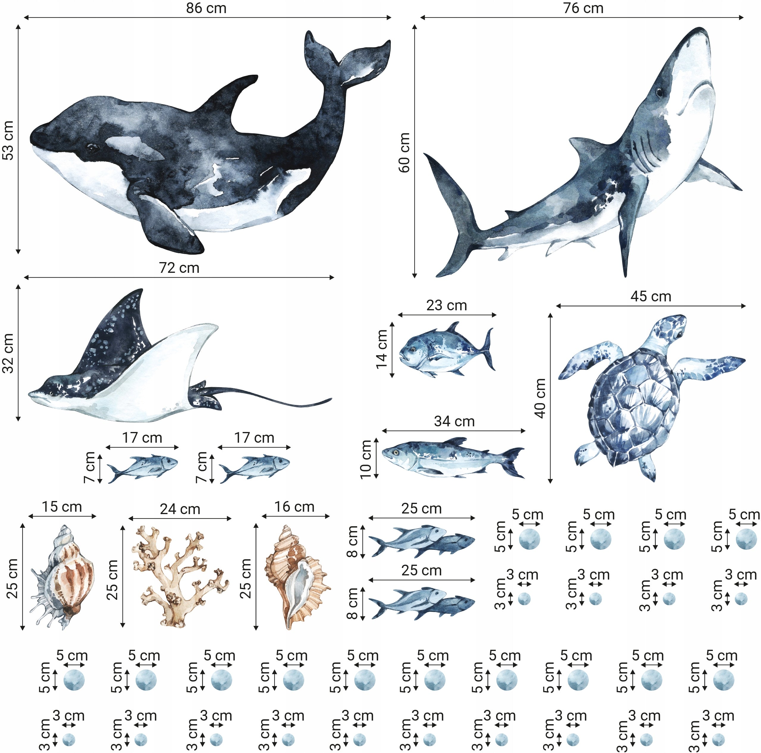 Ocean Predators Decal Set - Orca, Great White Shark, Stingray + More - Watercolour effect stickers