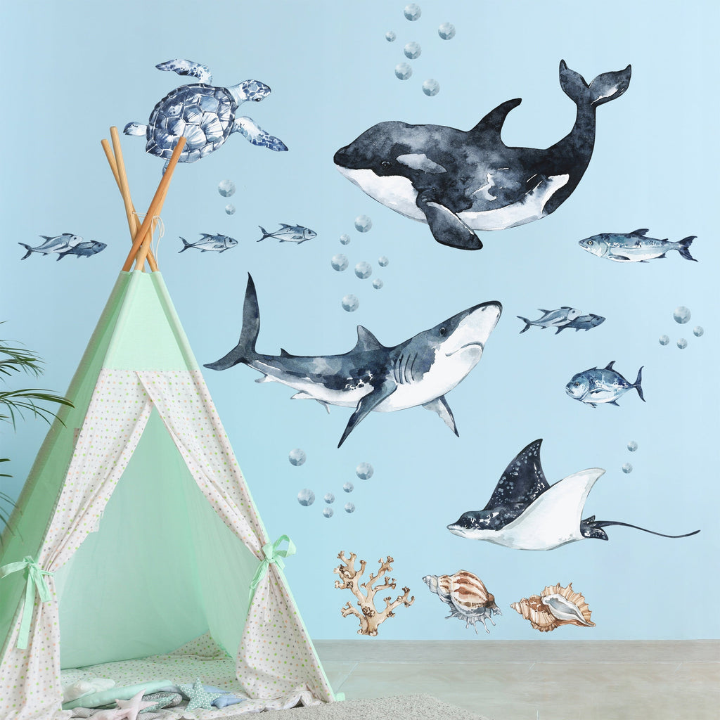 Ocean Predators Decal Set - Orca, Great White Shark, Stingray + More - Watercolour effect stickers