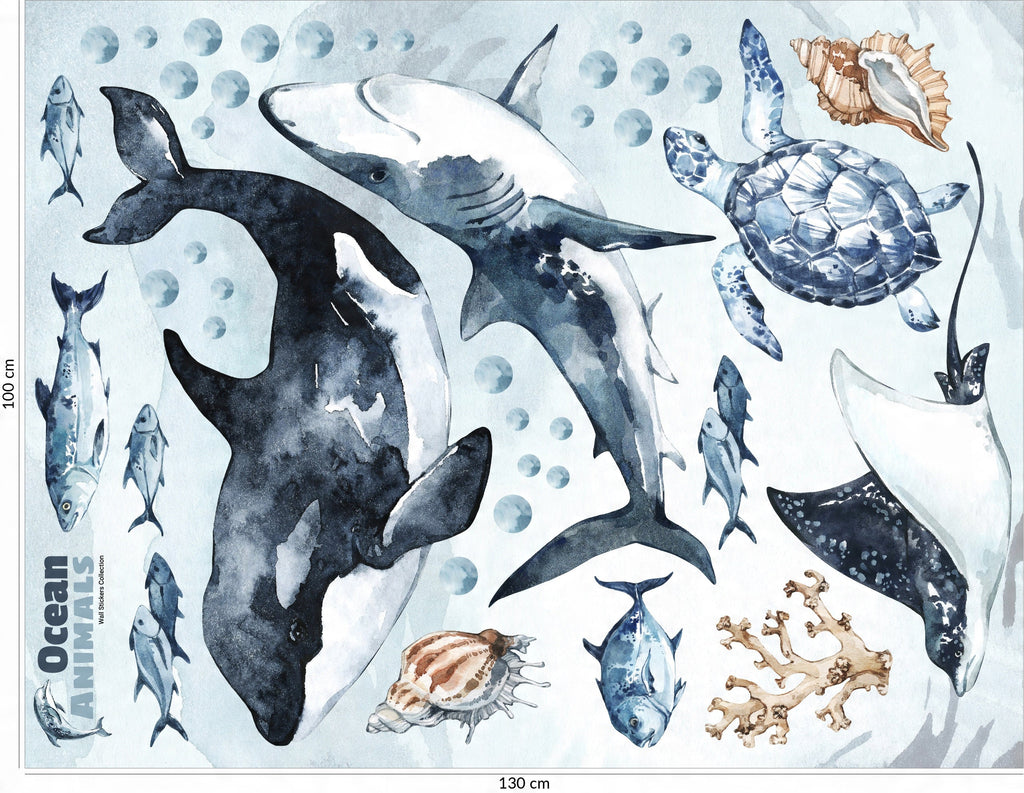 Ocean Predators Decal Set - Orca, Great White Shark, Stingray + More - Watercolour effect stickers