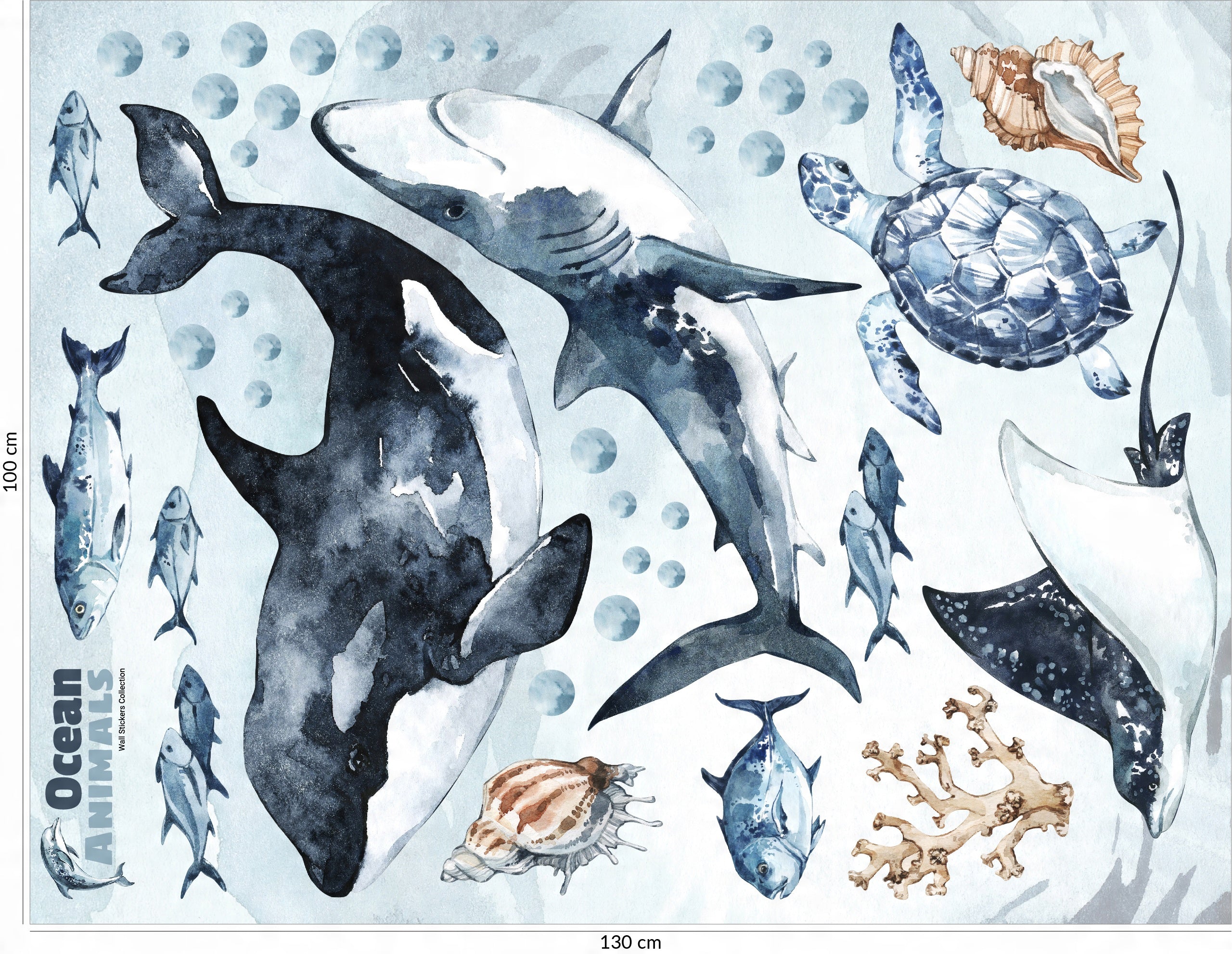 Ocean Predators Decal Set - Orca, Great White Shark, Stingray + More - Watercolour effect stickers