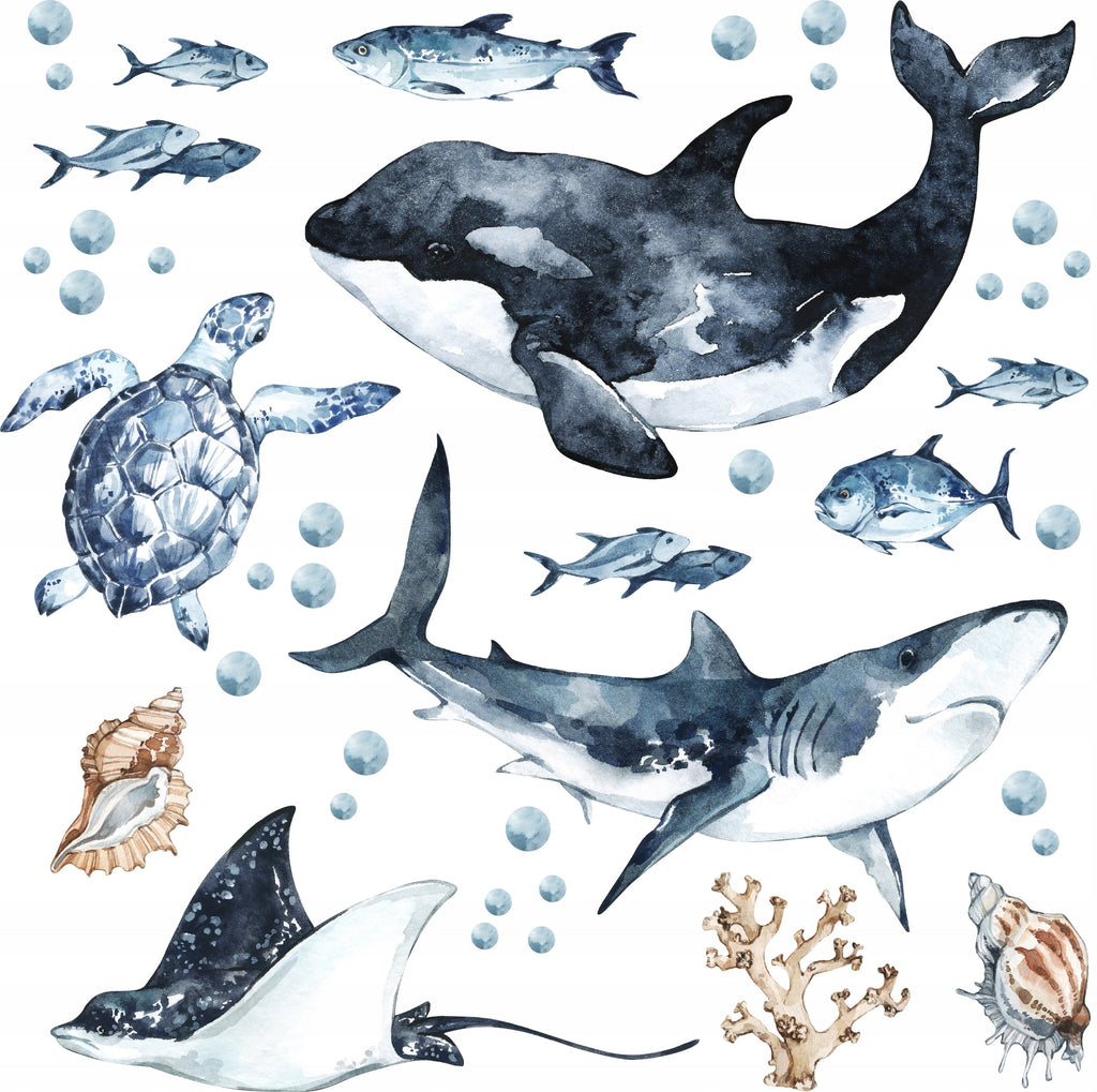 Ocean Predators Decal Set - Orca, Great White Shark, Stingray + More - Watercolour effect stickers