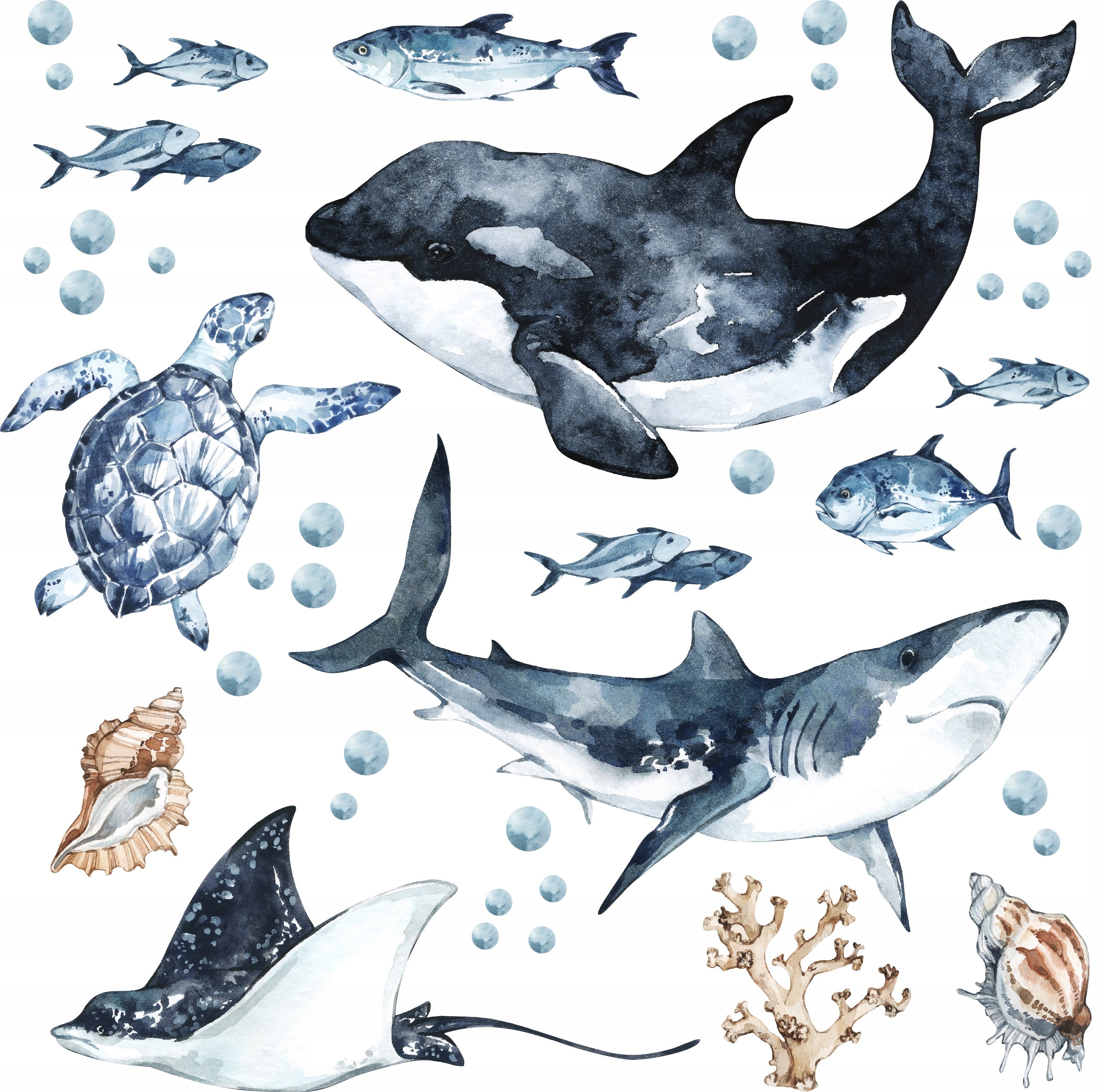 Ocean Predators Decal Set - Orca, Great White Shark, Stingray + More - Watercolour effect stickers