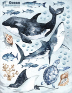Ocean Predators Decal Set - Orca, Great White Shark, Stingray + More - Watercolour effect stickers