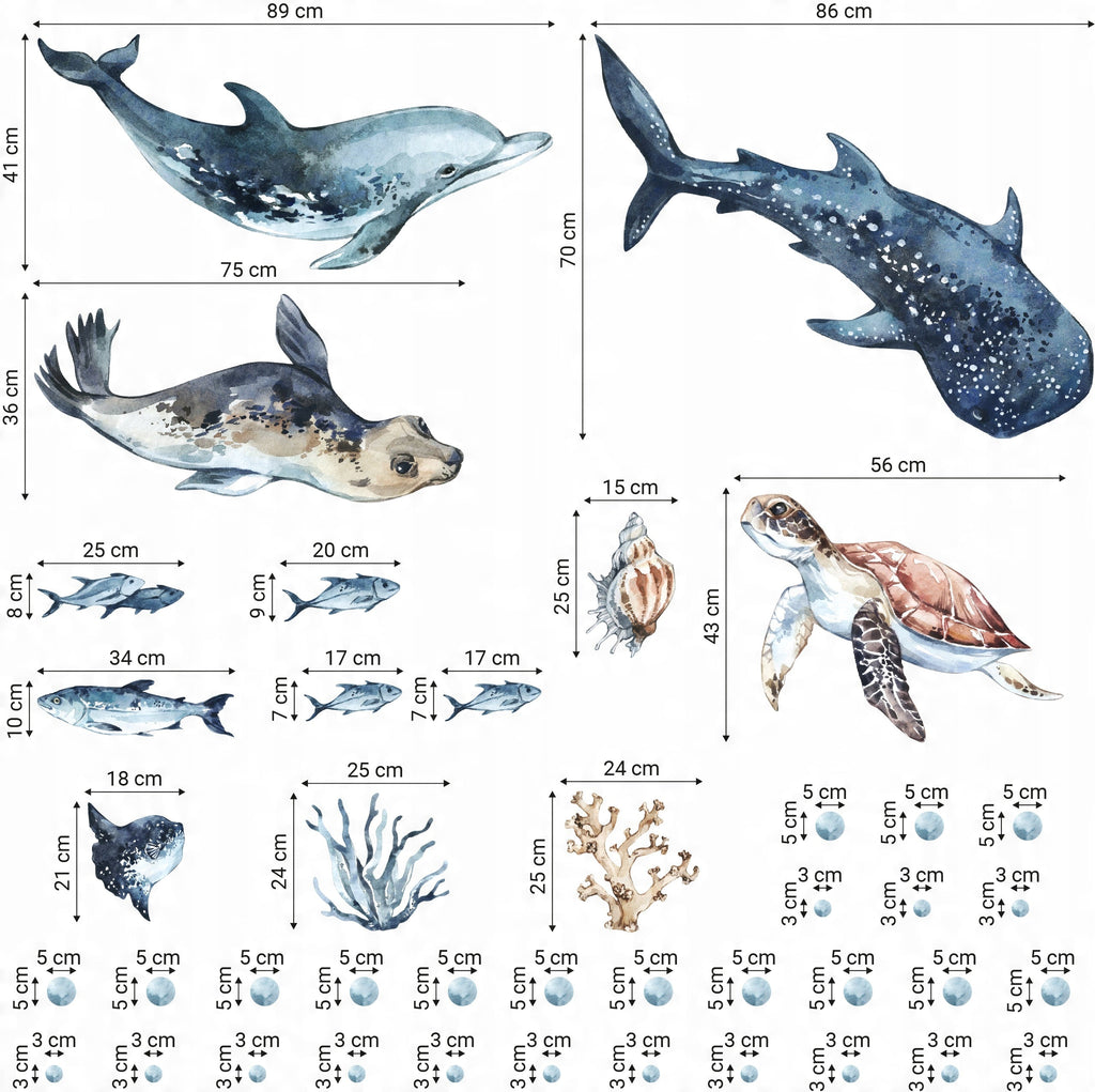 Sea Animals Variety Decal Set - Ocean Theme - Watercolour effect Dolphin, Shark, Turtle & Seal + more