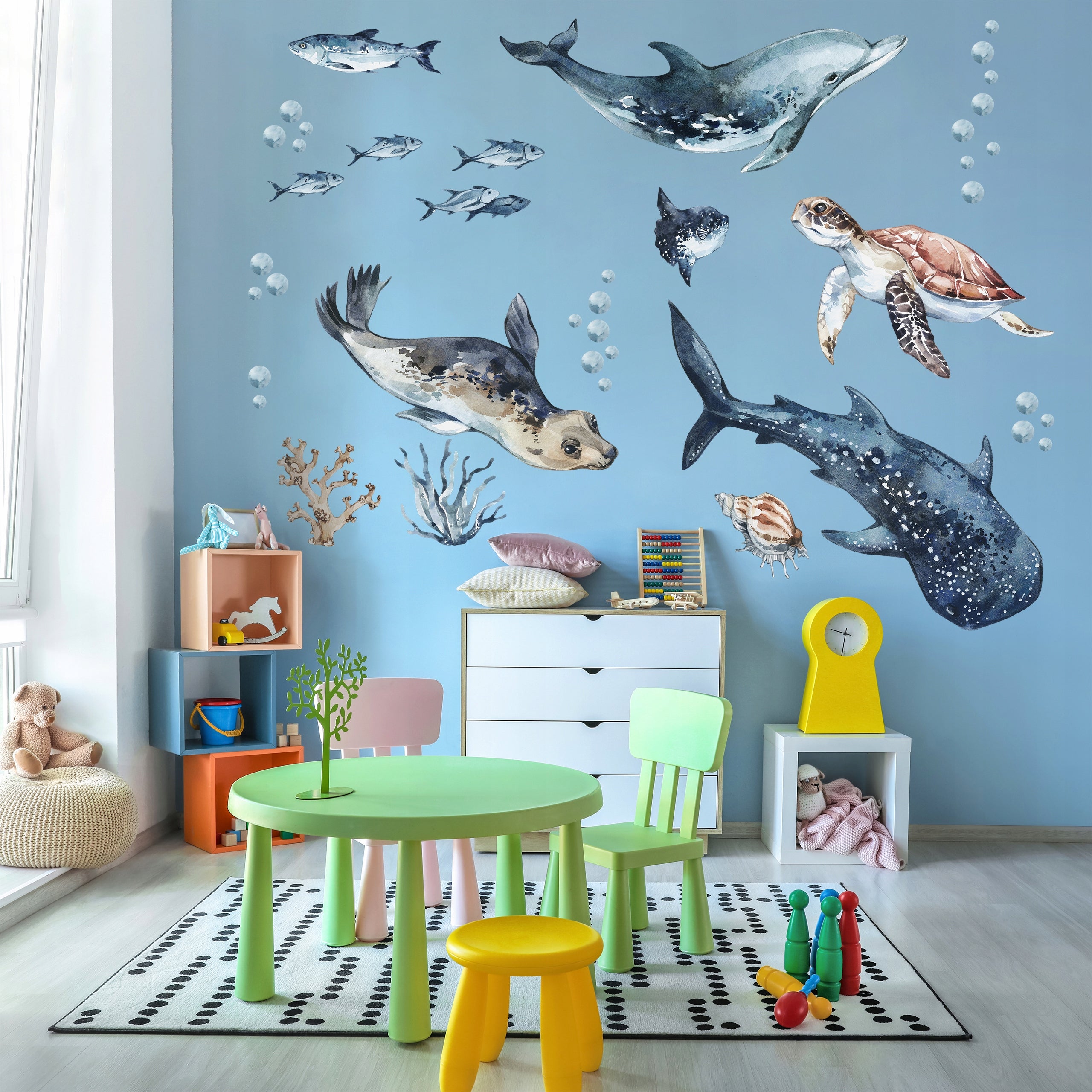 Sea Animals Variety Decal Set - Ocean Theme - Watercolour effect Dolphin, Shark, Turtle & Seal + more