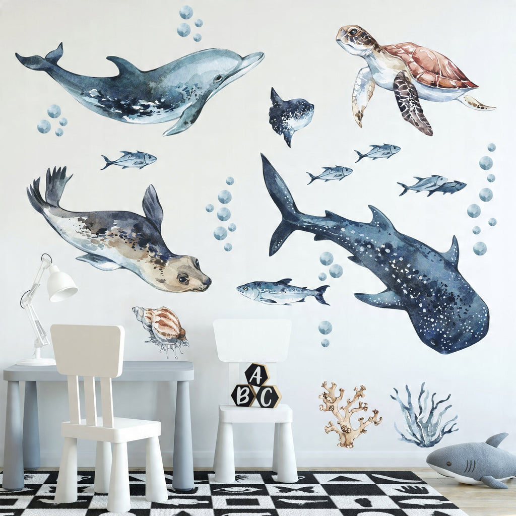 Sea Animals Variety Decal Set - Ocean Theme - Watercolour effect Dolphin, Shark, Turtle & Seal + more
